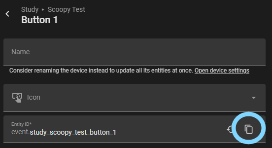 Home Assistant entity settings with the Entity ID copy button highlighted