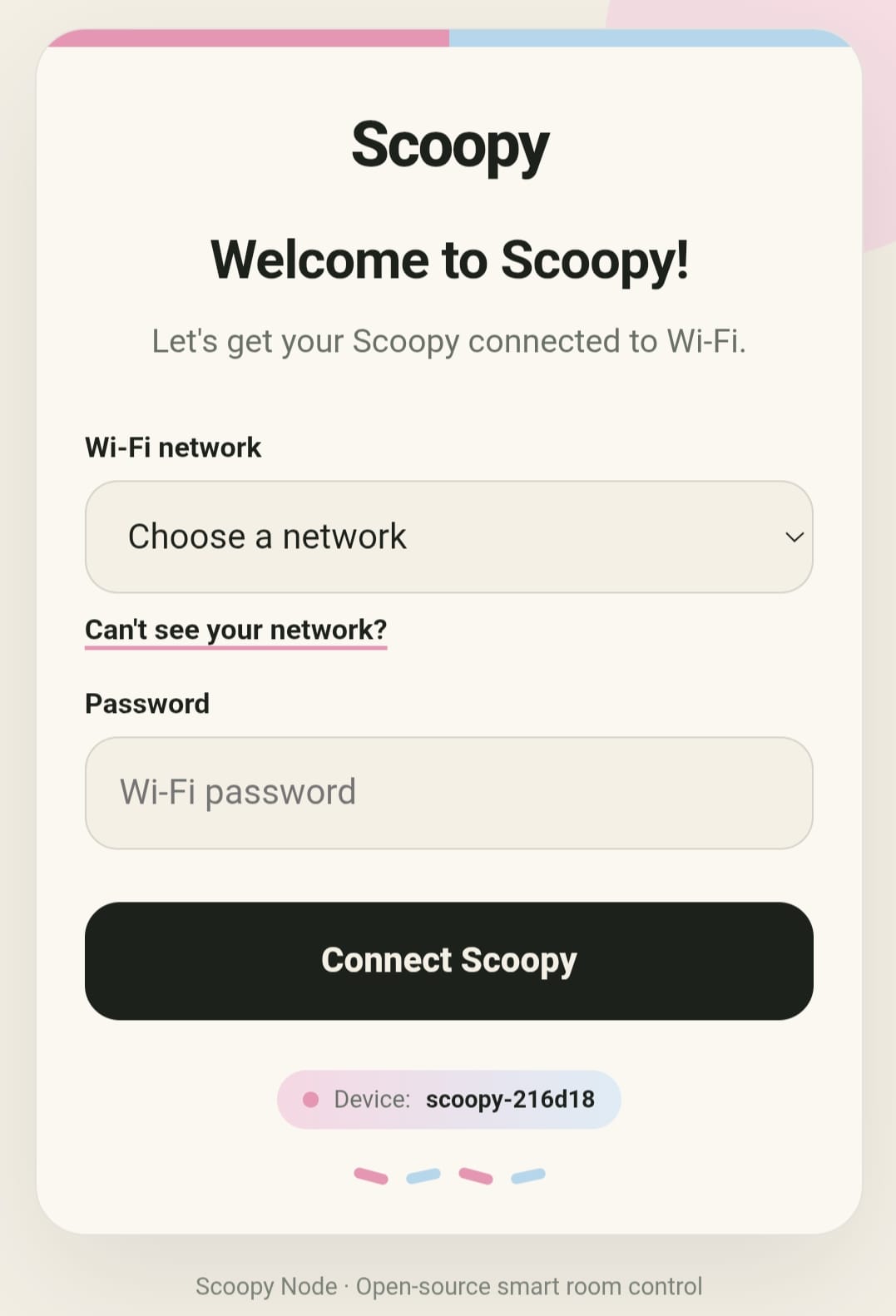 Scoopy captive portal with Wi-Fi network and password fields