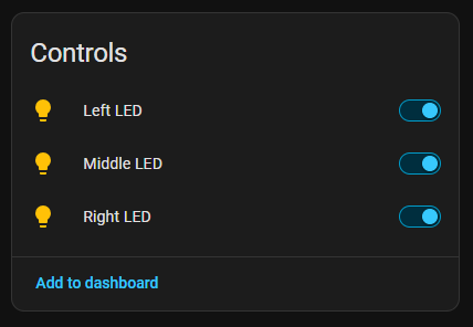 Scoopy controls in Home Assistant showing Left LED, Middle LED and Right LED