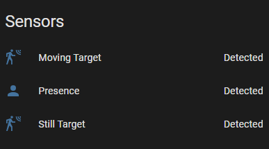 Scoopy Presence sensors in Home Assistant showing moving, presence and still targets