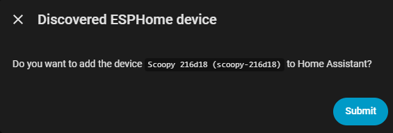 Home Assistant confirmation dialog asking to add the discovered Scoopy device