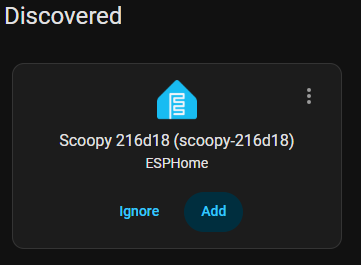 Home Assistant showing a discovered Scoopy ESPHome device